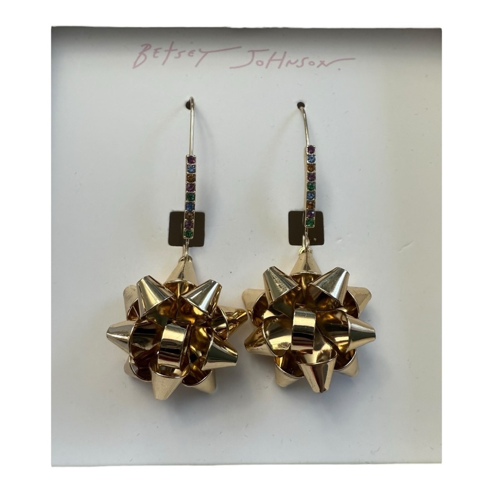 Betsey Johnson Gold Christmas Bows Rhinestone Dangle Earrings in Gift Box NWT